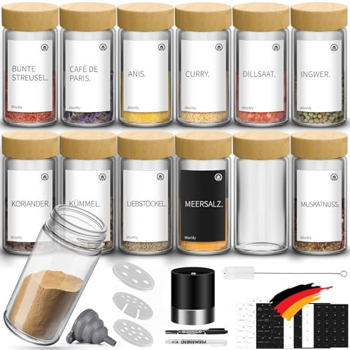 Miorkly Lot de 12 Pots à épices Ronds avec bac à saupoudrer – 120 ML – Couvercle en Bois de Bambou de qualité supérieure avec Moulin à sel – Salière – Pot à épices en Verre avec saupoudreur,