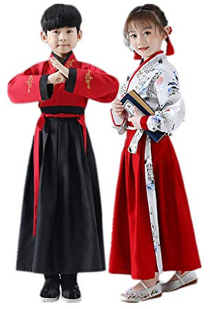 TANZEQI Chinese Traditional Hanfu Dress Suit for Boys and Girls Han Dynasty Ancient Party Dress Traditional Culture Clothing Formal Festival Wear (Red and Black, 130)