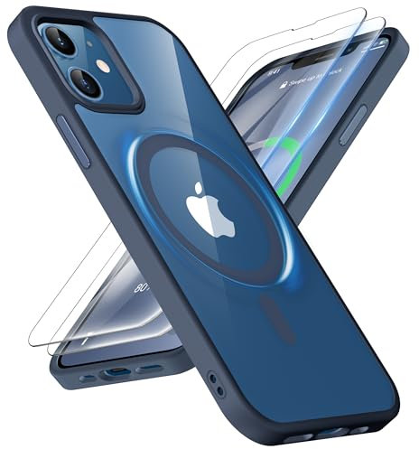 ORETECH Coque pour iPhone 12/12 Pro avec 2 Verre Trempé Protection écran, Etui Transparente Arrière Anti Rayures Antichoc Coque Magnétique pour iPhone 12 Compatible avec Mag-Safe 6.1 Bleu Marine