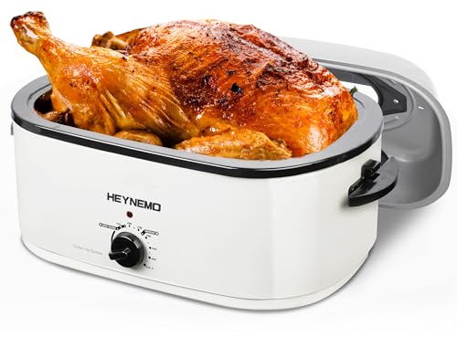 26Qt Turkey Roaster Oven Buffet with Self-Basting Lid, 1450W Stainless Steel Electric Roaster Oven with Cool-Touch Handles, Removable Pan and Rack, White