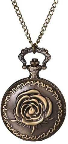 JewelryWe Taschenuhr Herren Rose Uhr: Vintage Bronze Analog Quarz Kettenuhr Rosenblume Blume Uhr Anhänger mit Halskette Kette Pocket Watch Geschenk für Männer Frauen
