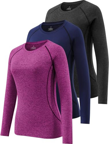 Ullnoy 3 Pack Women's Long Sleeve Gym Tops Quick Dry Workout Running T Shirt Breathable Yoga Sports Crew Neck Thermal Undershirt Black/Navy/Rose L