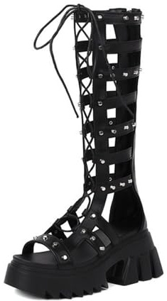 LITNERMIA Stivali da donna estivi al ginocchio, con borchie e lacci, sandali con plateau,Cuoio nero opaco,36 EU