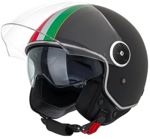 VINZ Neiva Jethelm mit Doppelvisier | Roller Helm mit Italienische Flagge & mit Sonnenblende | In Gr. XS-XXL | ECE 22.06 Zertifiziert | Motorradhelm mit Visier | Viele Farben Erhältlich - Matt Schwarz