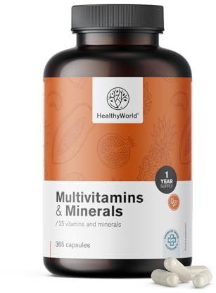 HealthyWorld Multivitamine e Minerali - 25 Vitamine e Minerali - 365 Capsule - Scorta per un anno - Capsule vegetali - Sistema immunitario - Vitamine preziose dalla A alla Z - Per Uomini e Donne