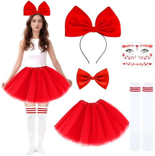IWTBNOA Damen Schokobons Kostüm, Damen Tüllrock, Tütü Rock Kurz Ballett, Roter Tüllrock+Groß Schleife Stirnband+Schleife+Kniestrümpfe, Damen Rot Kostüm, Karneval Kostüm Zubehör für Fasching Mottoparty