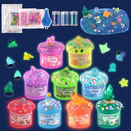 Ocean Adventure Glow in the Dark Slime Kit 9 Pack, with Deep Sea Slime Charms, Sensory Experience DIY Rainbow Slime for Kids, Glow Party Favors for Girls & Boys, Birthday Easter