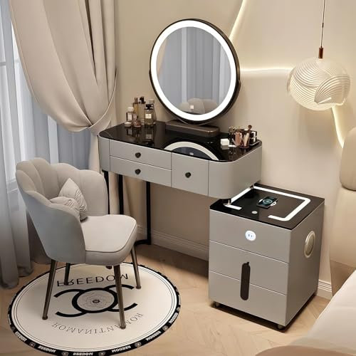 AMZSEW schminktisch mit Stuhl, 3 einstellbare Helligkeiten, Kosmetiktisch mit Beleuchtung, 5 Schubladen, moderner Frisiertisch mit Seitenschrank, Flexible Montage, 80 Grau