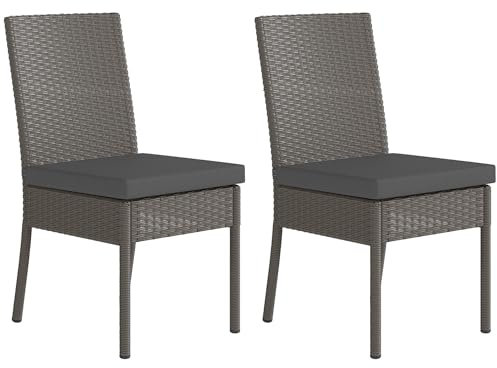 Outsunny 2 Pieces PE Rattan Garden Chairs with Cushion, Patio Wicker Dining Chairs with Backrest for Patio, Deck, Garden, Dark Grey