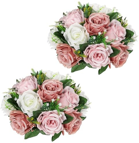 2er-Set Kunstblumen Rosen Blumenkugel mit 15 Köpfrosen Kunstseidenblumen Blumenstrauß Blumenstrauss Rosen Bouquet für Hochzeit Zuhause Tischparty Fensterdekoration Hochzeitsmittelstücke, Weiß-Peach