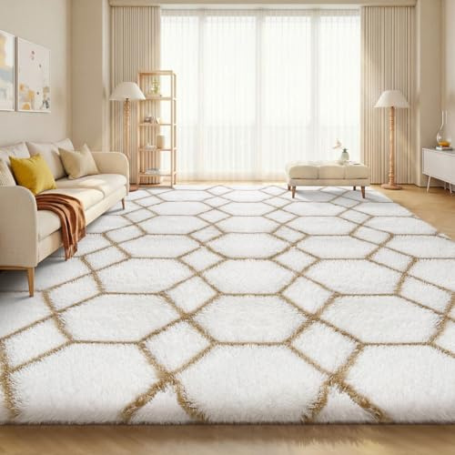 Sour Lemon Hochflor Teppich Weiß Carpet Wohnzimmer 120x160 Waschbar | Anti-Rutsch Extra Große Teppiche Schlafzimmer Flauschige Moderne Teppiche Matte Teppichen für Schlafzimmer Kinderzimmer