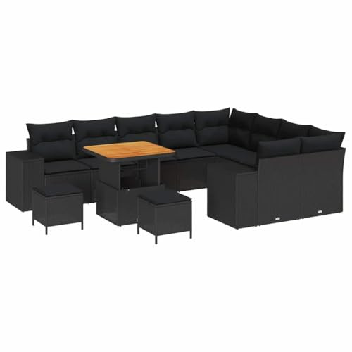 vidaXL 12-teiliges Garten-Sofa-Set mit Kissen in Schwarz aus Poly-Rattan und Akazien-Tisch. Ideal für Balkon und Terrasse. Modular aufgebaut, wetterfest und perfekt für den Garten oder Essbereich.