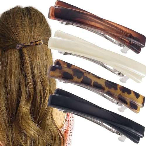 Alpinleux 4 Pcs French Barrettes for Women, Small Tortoise Shell Hair Barrettes for Women Fine Hair, French Barrette, Barrette for Thin hair (Leopard Color, Amber, White, Black)