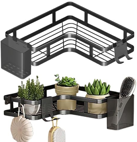 Badezimmer-Regale, Eck-Wandregal, selbstklebendes Shampoo-Rack, Zahnpasta-Halter und Haken, Multi-Zonen-Funktionalität, 15 kg, robust, kompakt, ideal für Küche, Bad, Wäsche