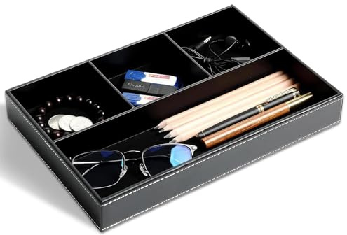 Plateau Vide Poche, Plateau Vide Poche en Cuir, Organiseur de clés, Cuir pour Chevet et Bureau, Accessoires pour Hommes pour Pièces de Monnaie, Bijoux, Clés, Montre, Noir
