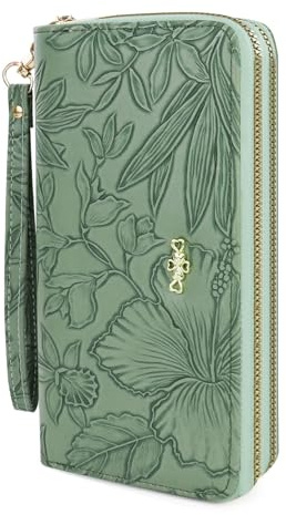 AdiStylinno Portemonnaie Damen, Gross Kapazität Geldbörse Damen Leder mit Blumendruck, PU Leder Geldbeutel Kreditkartenetui Portmonee mit Reißverschlusstasche und Armband (Grün)