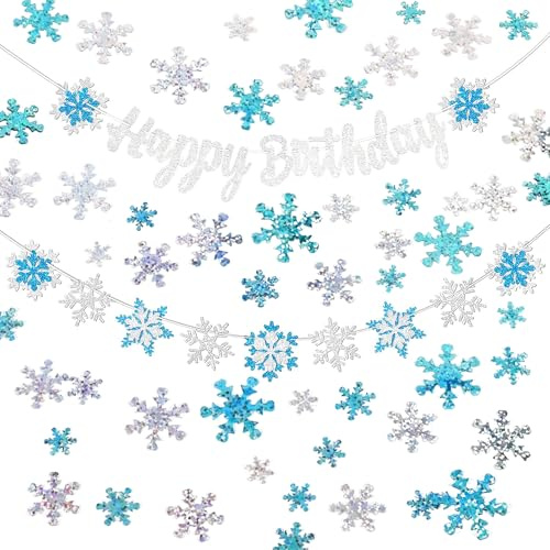 TONAUP Schneeflocken Girlande Geburtstag, Frozen Geburtstagsdeko Mit Blau Silber Schneeflocken, Happy Birthday Banner Deko, Snowflakedeko