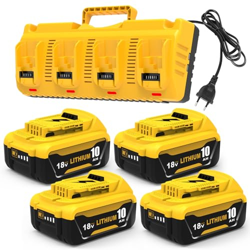 Lot de 4x 10.0Ah de Rechange pour Dewalt Batterie 18V DCB204/DCB206 + Chargeur à quatre ports DCB104 pour Perceuse DCD791/Marteau-perforateur DCH273/Scie Circulaire DCS391 - Travaux Chantier, Bricolag