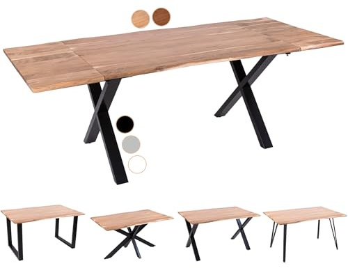 SAM Baumkantentisch 200 (300) x 100 cm Avino, Akazienholz naturfarben & massiv, Esszimmertisch mit 2 Ansteckplatten, Schwarzes X-Metallgestell, Esstisch ausziehbar 8-10 Personen