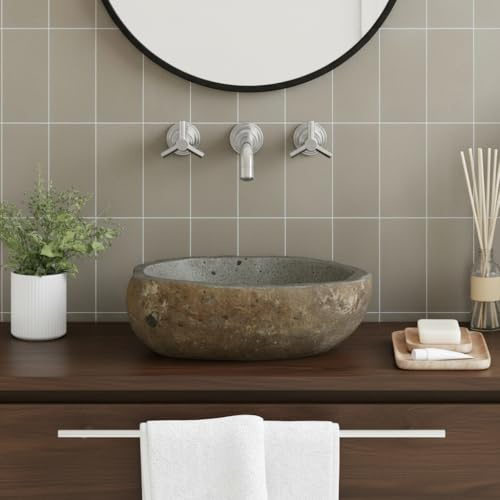Canditree Vasque à Poser en Pierre de Rivière, Lavabo Ovale pour Salle de Bain (37 x 30 x 12 cm)