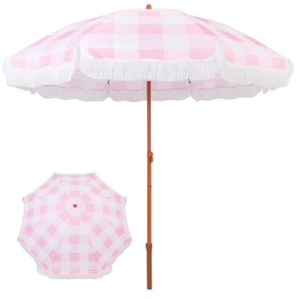 Sombrilla For Exteriores, Resistente Al Viento, Protección Solar Y Bloqueador De Luz, Adecuada For Patios Y Playas, con Borlas, 2 M.(Pink Checkered)