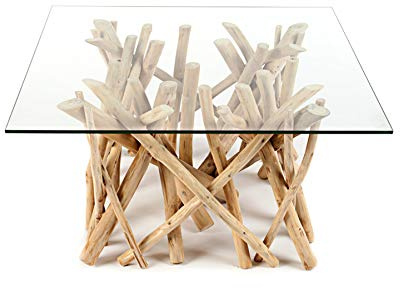 invicta INTERIOR Design Teakholz Couchtisch Driftwood mit Glasplatte eckig Tisch Treibholz Holztisch Wohnzimmertisch