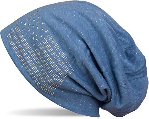 styleBREAKER Beanie Mütze USA Flaggen Design mit Strass-Applikationen, Unisex, Jersey leicht Übergang Frühling Herbst, Farbe:Jeansblau meliert