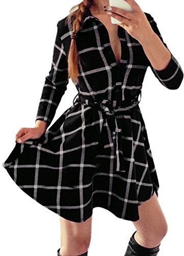West See Frauen Dünne Kleider 3/4 Hülse Bluse Kariert Plaid V-Ausschnitt Shirts Mini Kleid mit Gürtel (DE 40, Schwarz)