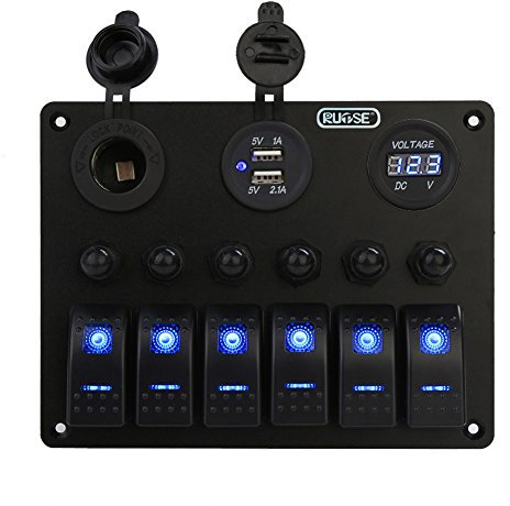Rupse Pannello Interruttori Barca,12/24V Pulsantiera Barca con 2 USB Voltmetro 6 Gang LED Presa Caricabatterie Rocker Interruttore a Levetta ON-OFF,Presa Accendisigari IP68 per Auto Barca