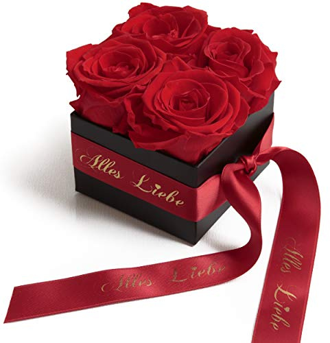 Alles Liebe Blumenversand - Rosenbox 8,5x8,5cm 4 echte Rosen haltbar 3 Jahre - Geschenk zum Muttertag (Alles Liebe, Rot)