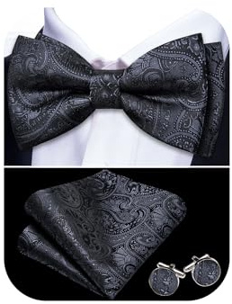 Barry.Wang Charcoal Black Bow Tie for Men Paisley Silk Pre-Tied Bowtie Pocket Square Cufflinks Set Formal Wedding Prom Party Tuxedo