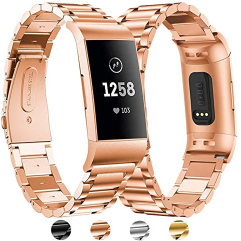 BDIG Für Fitbit Charge 3 Edelstahl Armband, Charge 4 Wasserdicht Edelstahl Metall Handgelenk Ersatzband Armbänder mit Starkem Metallschließe für Fitbit Charge3 Charge 4 (for Fitbit Charge 3,Rosegold)