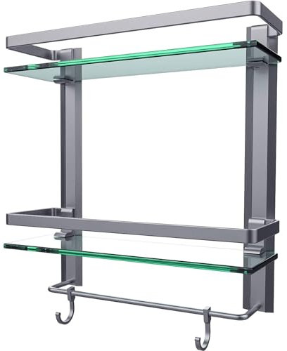 Vdomus Étagère de Salle de Bain en Verre trempé avec Barre Porte-Serviette Fixation Murale Finition Argent brossé 15.2 X 5 X 16.1 inches 2 Tier Glass Shelf
