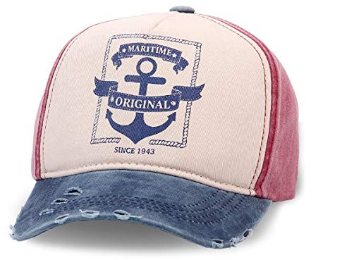 Alsino Unisex Baseball Cap mit Anker Motiv im Retro Vintage Used-Look Größenverstellbar aus 100% Baumwolle (rot blau)