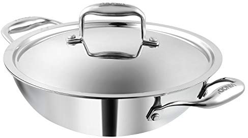 Vinod Platinum Triply Stainless Steel Kadai with Lid – 3.7L, 28 cm | 3 Layer SS Cookware Wok | Deep Cooking Pot for Sauteing & Curries | Gas & Induction Friendly | Heavy Bottom | Sturdy Handles