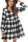 FANCYINN Damen Karo Kleid mit Bell Langarm Mini Rüschen Swing Kleid mit Taschen weißen und schwarzen L