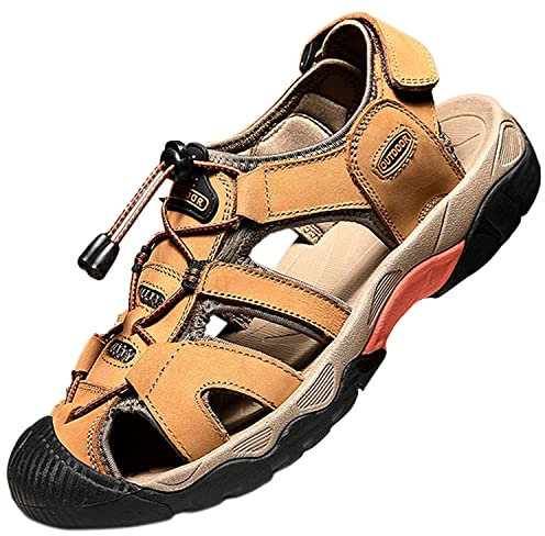 Topwolve Sandales de Marche Homme Cuir Bout Fermé pour Plage, Nu Pied, Randonnée - Été Extérieur Chaussures de Sport, Jaune, 46 EU