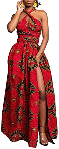 OLIPHEE Robe Femme Imprimer lâche Grande Taille Afrique sans Manches Une épaule De Multiples Façons De Porter(L, Carré Rouge)