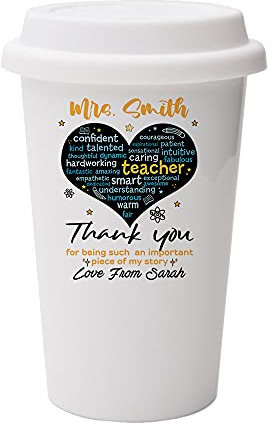 Giftme Thank You for Being an Important Teacher Personalised, End of School Year Teacher's Appreciation 10oz Dual Wall Eco Insulated White Ceramic Travel Mug with White Lid. Reusable Keep Cup
