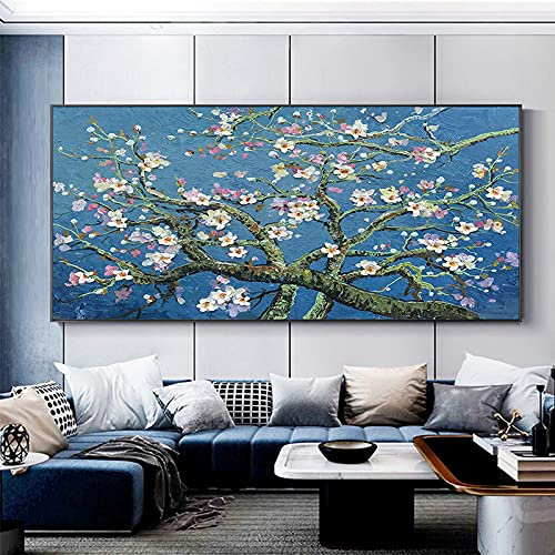 MWMG Ölbilder Auf Leinwand Handgemalt,Zeitgenössische Blumen Pflaumenblütenbaum Textur Blau Große Ölgemälde Kunst Moderne Abstrakte Kunstwerke Leinwand Wandkunst Gemälde Wohnzimmer Schlafzimmer Wo