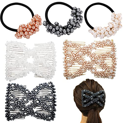 Haarkamm Elastisch,RoadLoo 6 Stücke Perlen Haarkämme Haarspangen Dehnbar Kamm Doppel Clips Dehnbar Doppel Haar Klammern Haarschmuck Elastische Kamm Haarschmuck für Damen Mädchen Hair Comb DIY Haar