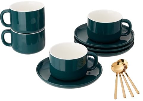 CHILDIKE Porcelain Coffee Cups and Saucers Set of 4 with Gold Spoon 220 ml/ 8 Ounce, Ceramic Green Cups for Tea Cappuccino Espresso