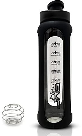 GMP star Sports Borosilicate Glass Water Bottle for Hot and Cold with Black Silicone Sleeve and Protein Shaker Whisk 600ml UK Company