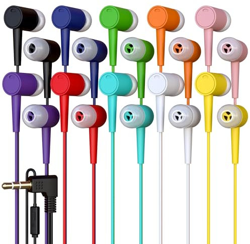 10 Pack Bulk Wired Earbuds with Microphone, In Ear Headphones 3.5mm Jack, 4ft Tangle Free Cable, Comfortable Fit, Affordable and Cost Effective, Ideal for School Classroom Testing Students, Mix