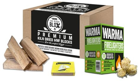 1 x Box of Warma Pizza Blox Hardwood Kiln Dried Blocks Logs Fuel Firelighters & Matches - Suitable for Ooni Uuni Nero Dellonda Portable Pizza Ovens Outdoor Garden BBQ Fire Pit Wood Burner Stoves