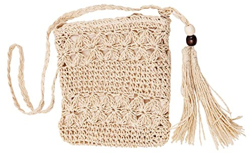 WANGCL Bolsos de paja de playa de verano para mujer con borla Mini bolsos de paja con tejido de cremallera Bolso cruzado hecho a mano Bolso de hombro bohemio (beige)