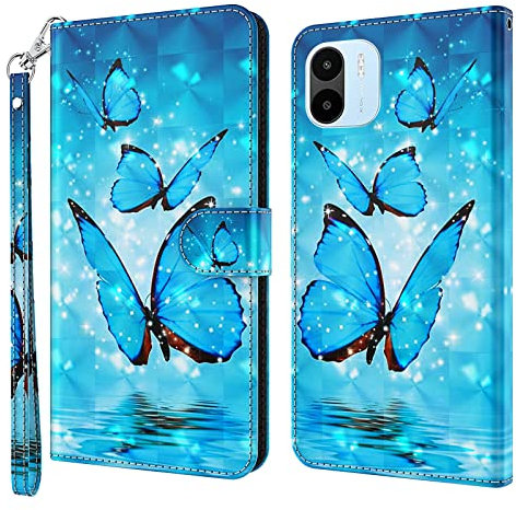GLANDOTU Handyhülle für Xiaomi Redmi A2 / Redmi A1 Lederhülle [Standfunktion] [Magnetverschluss] Stoßfest Flip PU Leder Cover Case Klapphülle Redmi A1 / Redmi A2 Schutzhülle (Blauer Schmetterling)