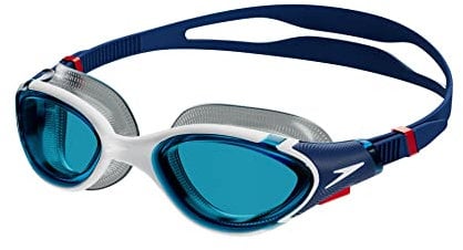 Speedo Unisex Erwachsene Biofuse 2.0 Schwimmbrille | Patentierte einfache Anpassung | Anti-Beschlag | Wasserdicht | Verbesserter Komfort Schwimmbrille, Ammonite Blue/Weiß/Rot/Blau, Einheitsgröße