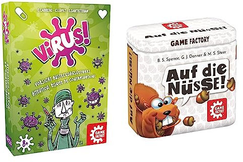 Game Factory Virus! Kartenspiel für 2 bis 6 Spieler & 646273 Auf die Nüsse, das knackige Würfelspiel, Mini-Spiel in handlicher Metalldose, Reisespiel, für Erwachsene und Kinder ab 8 Jahren