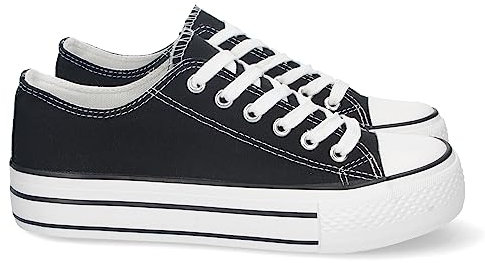 shoes&blues.es 74884-Zapatilla Plana para Mujer, de Doble Suela, Comoda, con Material de Lona, Estilo Bamba Casual, y Cierre de Cordones. Talla 37 Negro